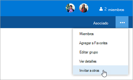 Captura de pantalla del botón invitar a otros usuarios en el menú configuración del grupo.