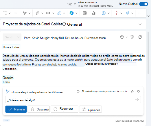 Algunos textos de "Hola a todos, después de una cuidadosa consideración" de un borrador de correo electrónico. Elija entre conservar, regenerar, ajustar o descartar el resultado de Copilot.