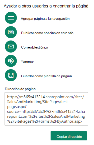 Puede copiar la dirección de la nueva página y, a continuación, compartir la dirección con otras personas.