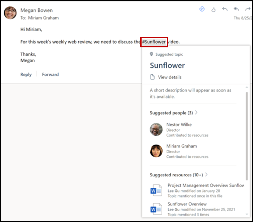 Tarjeta de tema en Outlook con personas y recursos sugeridos