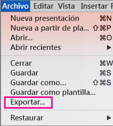 Exportación de archivos de PowerPoint 2016 para Mac