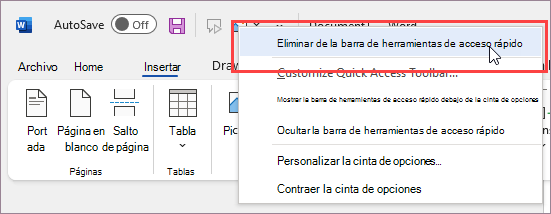 Quitar comando de la barra de herramientas de acceso rápido