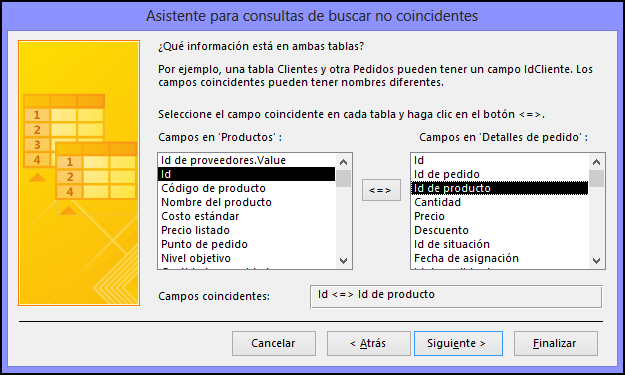 Seleccione los campos coincidentes de las tablas en el cuadro de diálogo Asistente para consultas de buscar no coincidentes.