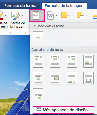 En la pestaña Formato de la imagen, Posición y Más opciones de diseño están resaltadas.