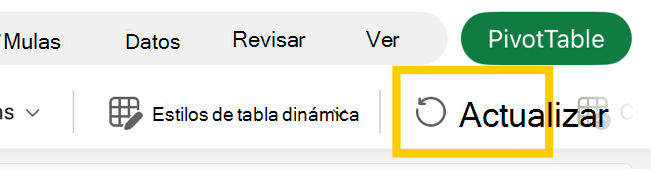 Botón Actualizar tabla dinámica en la cinta de opciones de iPad.