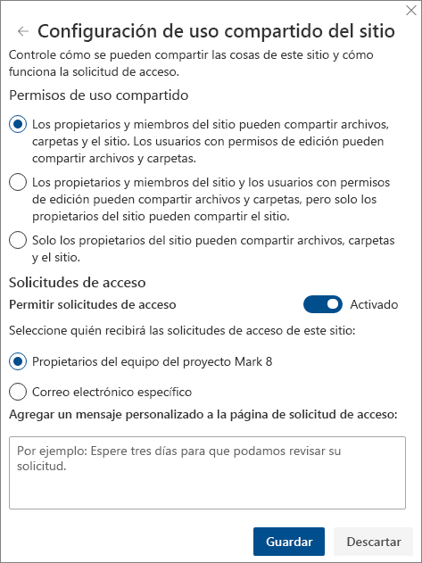 Captura de pantalla del panel Configuración de uso compartido del sitio.