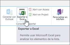 Botón Exportar a Excel de SharePoint resaltado en la cinta