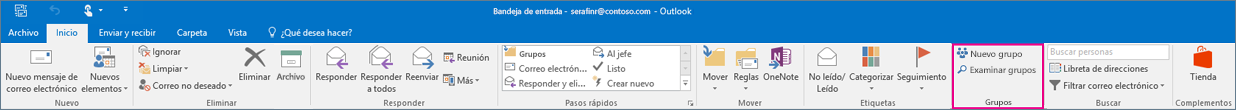 Opciones de grupos en la cinta principal de Outlook