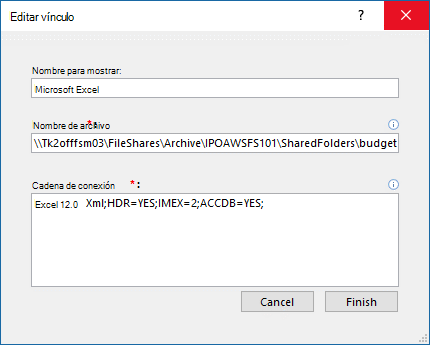 Cuadro de diálogo Editar vínculo para un origen de datos de Excel
