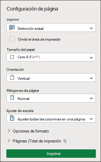 Imprimir selección actual en Excel para la Web