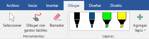 Lápices y marcadores de resaltado en la pestaña Dibujar en Office 2019