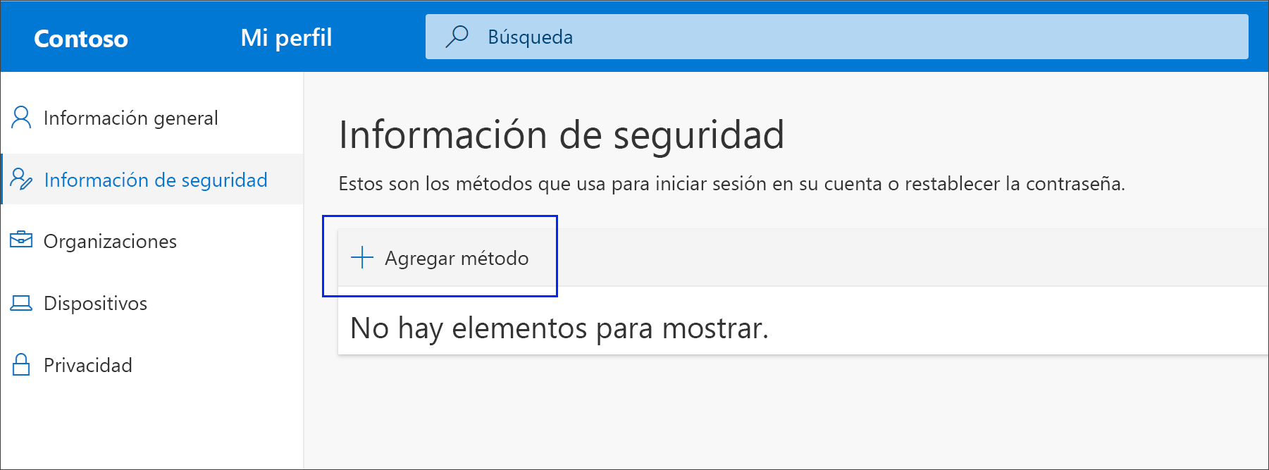 Página de información de seguridad con la opción Agregar método resaltada