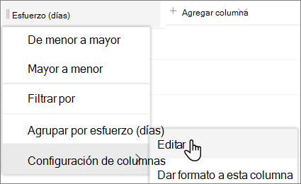 Panel Editar columna en SharePoint con la opción Eliminar seleccionada