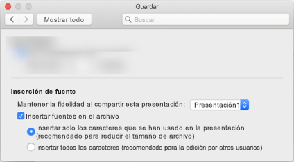 Usar Preferencias de > de PowerPoint para activar la inserción de fuentes en el archivo