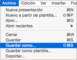 Muestra el menú Archivo > Guardar como en PowerPoint 2016 para Mac.