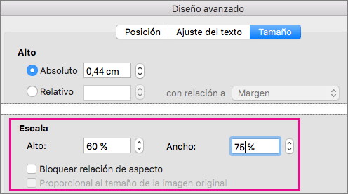 En la pestaña Tamaño en el cuadro Diseño avanzado, las opciones Escala están resaltadas.