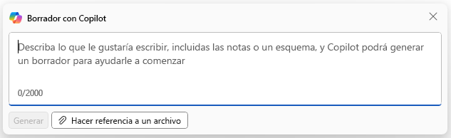 Captura de pantalla del panel Borrador con Copilot en Copilot en Word