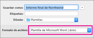 En el cuadro Guardar como, Plantilla de Word está resaltado