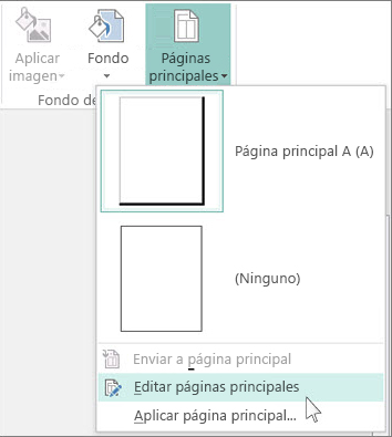 Captura de pantalla del menú desplegable Editar páginas principales en Publisher.