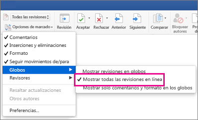 Mostrar todas las revisiones en línea está resaltado