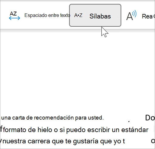 Captura de pantalla de la característica Sílaba del lector inmersivo seleccionada y que muestra unas pocas palabras en un correo electrónico separadas en sílabas. la palabra recomendación se muestra como rec dot om dot men dot da punto tion