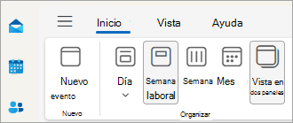 Captura de pantalla de la vista Calendario con la opción Vista en dos paneles seleccionada