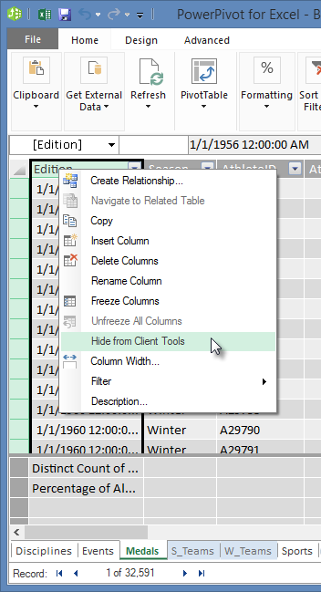 haga clic con el botón secundario para ocultar campos de tabla de las herramientas cliente de Excel