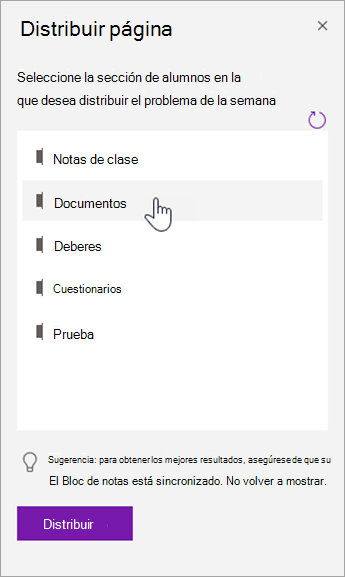 Elija una sección de alumno en el panel Distribuir página.