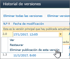 Lista desplegable de versiones con La opción No publicar resaltada