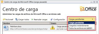 Centro de carga de Office que muestra las cargas pendientes