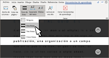 Lista desplegable Foco de línea en la cinta de opciones y la opción Una línea seleccionada