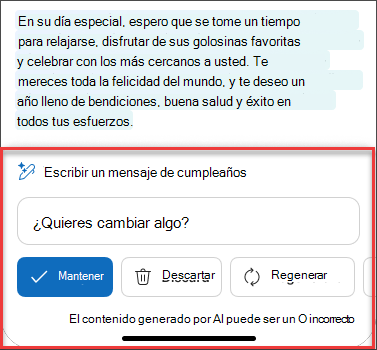 Un texto "Tras una cuidadosa consideración" del borrador de correo electrónico utilizando Copilot en iOS y Android