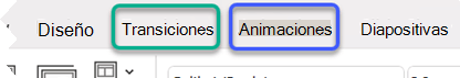Imagen parcial de la cinta de opciones de PowerPoint, en la que se destacan las pestañas Transiciones y Animaciones.