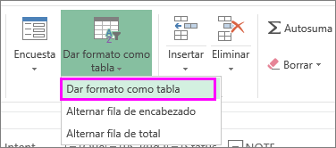 Botón para dar formato a datos como tabla