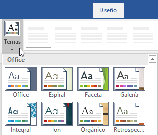 Opciones de temas en la cinta de opciones de Word