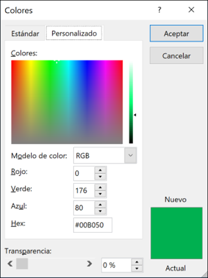 Selector de colores en aplicaciones de Office. En los campos RGB hay un nuevo campo para escribir el valor de color hexadecimal.