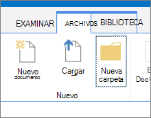 La pestaña archivos de la cinta de opciones con el botón nueva carpeta resaltado