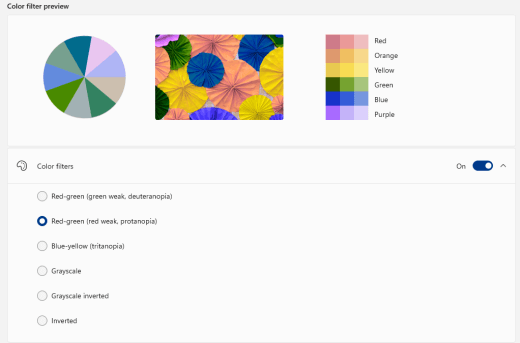 Windows 11 opciones de filtro de color