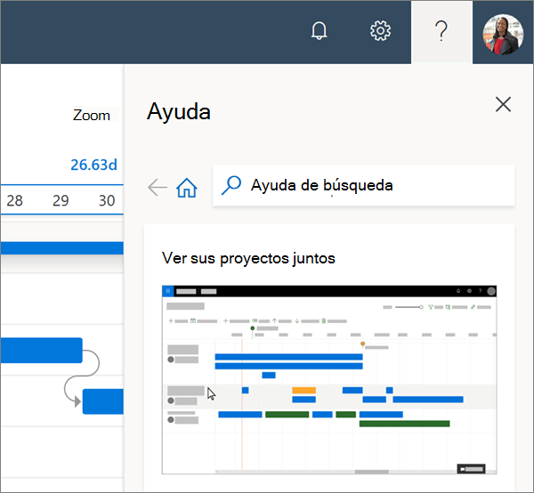 El panel de ayuda más información en Project