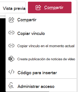 Menú desplegable Compartir en la Stream Web App.