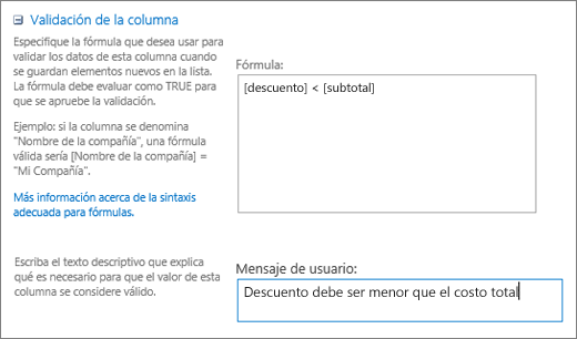 Cuadro de diálogo validación de columna con campos rellenados con datos de ejemplo