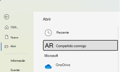 Para ver los archivos que otros usuarios han compartido con usted, haga clic en  Archivo > Abrir > Compartidos conmigo.