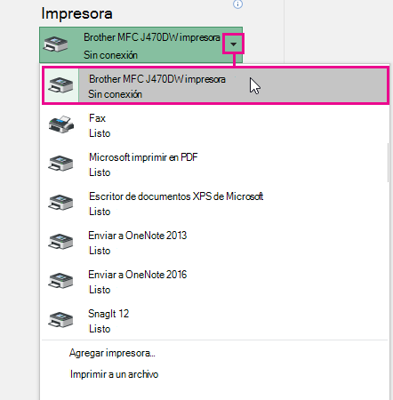 La lista desplegable muestra todas las impresoras disponibles a las que puede conectarse el equipo. Haga clic en el que desee.