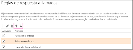 Botones de flecha usados para mover las reglas hacia arriba y hacia abajo en el orden en que se aplican