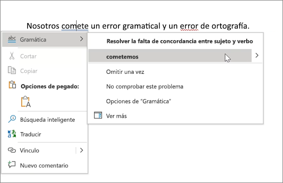 Ejemplo de ortografía y gramática de Office 365