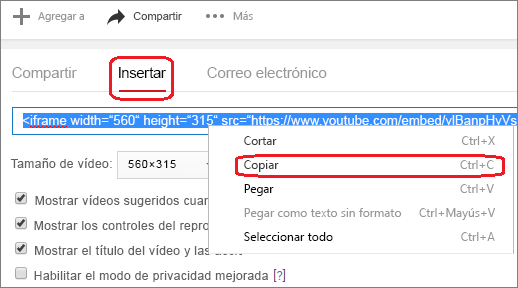 Copie el código de inserción de iFrame