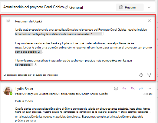 Resumen de la conversación de correo electrónico con citas creado por Copilot.