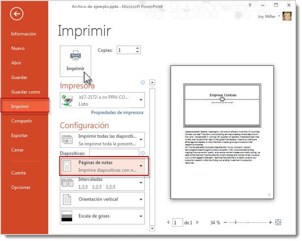 Imprimir las páginas de notas