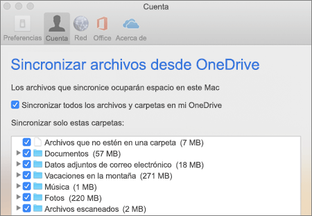 Cuadro de diálogo de carpeta de sincronización en OneDrive para Mac