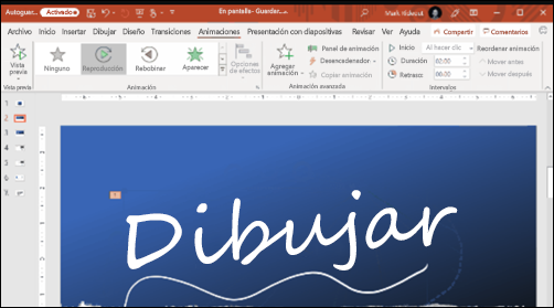 Diapositiva de PowerPoint con texto escrito a mano y opciones para reproducir la entrada de lápiz haciendo clic